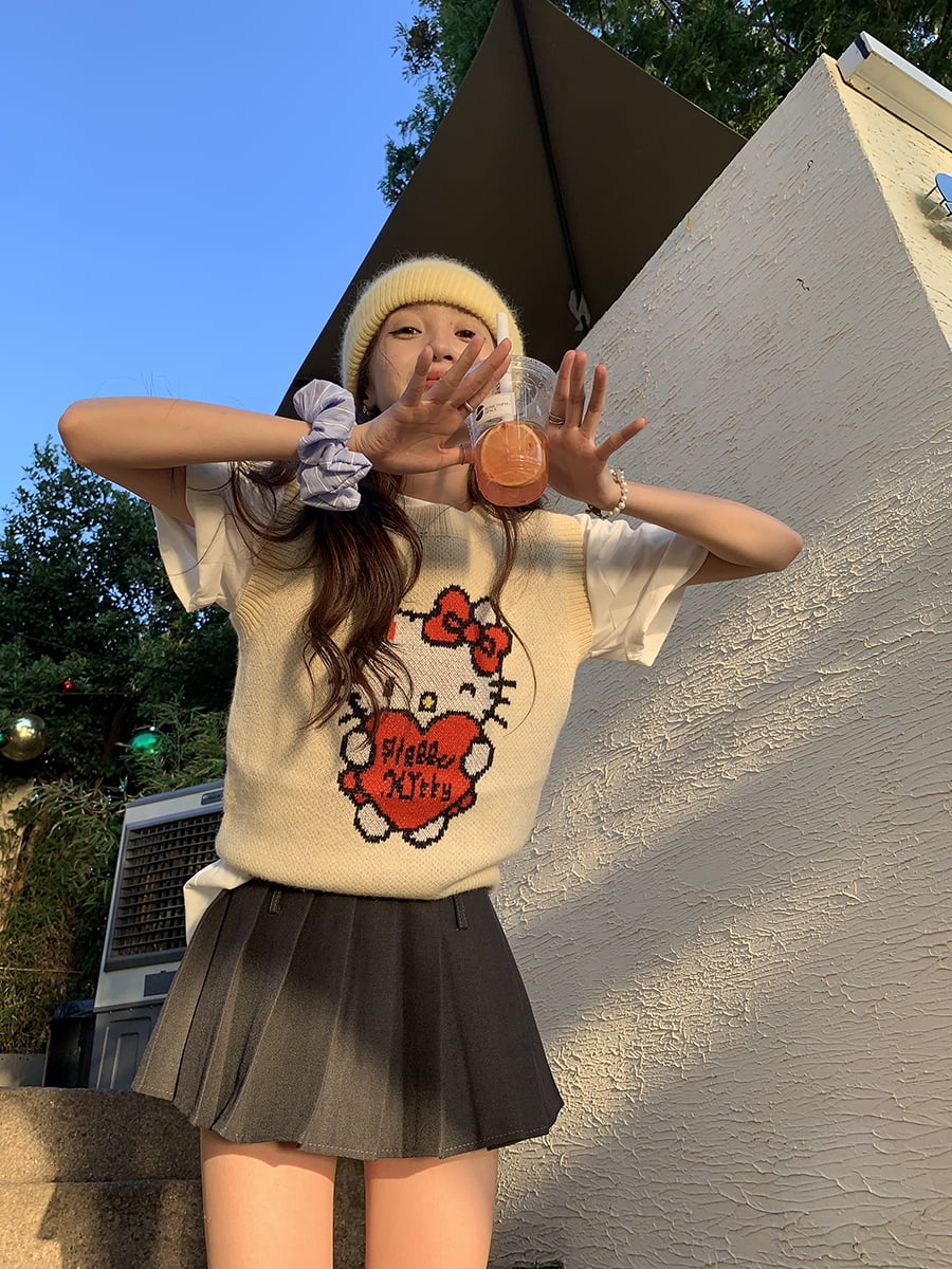 Hello Kitty Preppy Kitty Women's Sweater Vest - White Sleeveless Argyle Sweater, Officially Licensed