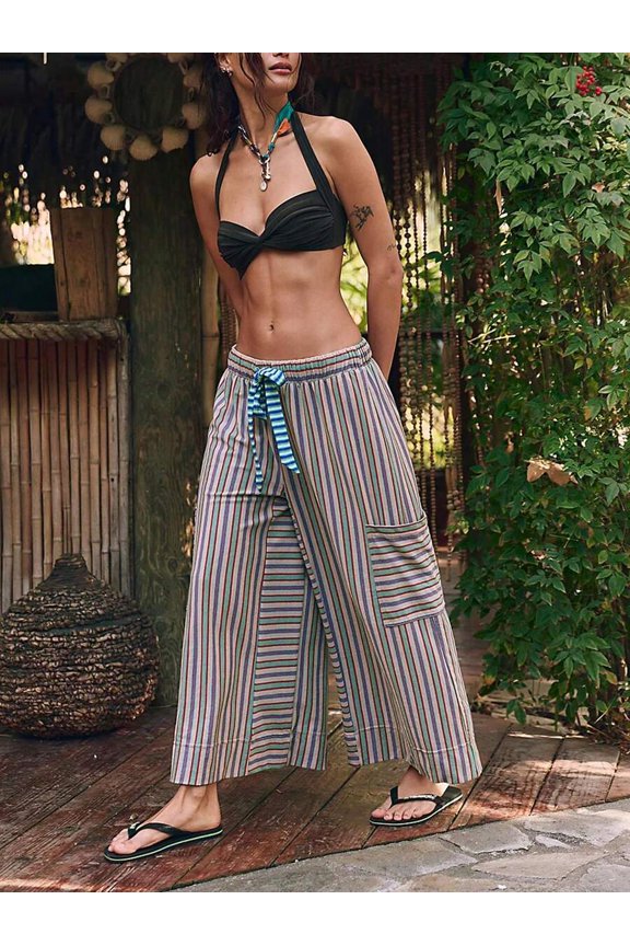Y2K High Waist Striped Wide Leg Palazzo Pants, Drawstring Loose Casual Lounge Trousers With Pockets, Comfy Bottoms For Daily Vacation Street Going Out Wear