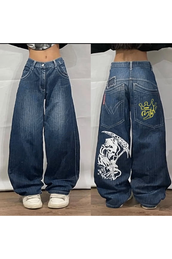 Y2K Hip Hop Gothic Baggy Jeans Women Vintage Skeleton Printed Wide Leg Denim Pants Gothic Oversized Pants Streetweear Blue XXL