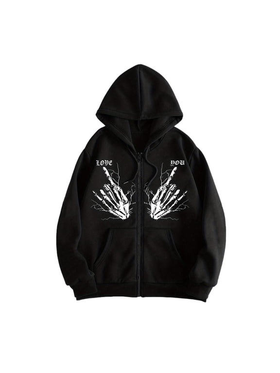 Y2K Hoodie Zip Up Men Women Black Goth Emo Grunge Alt Baggy Japanese Dragon Casual Fit Streetwear Jacket