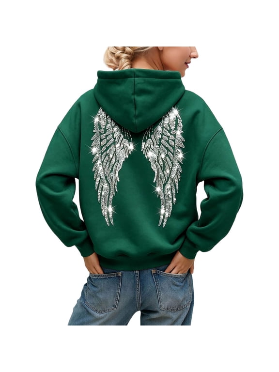 Y2K Hoodie for Women Sequin Wing Graphic Sweatshirt Oversized Long Sleeve Pullovers Fall Winter Casual Preppy Streetwear Tops