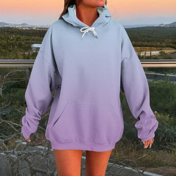 Y2K Hoodies for Women Gradient Oversized Drawstring Sweatshirts Long Sleeve Pullover Hooded Warm Workout Lounge Fleece Lined Casual Sweat Shirts with Kangaroo Pocket