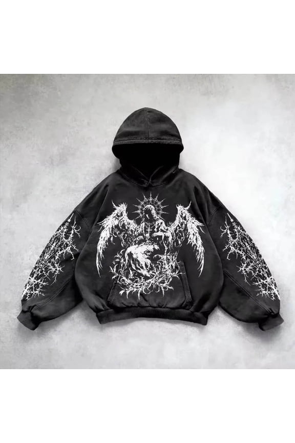 Y2K Hoodies for Men Vintage Graphic Long Sleeve Pullover Hooded Sweatshirt Streetwear Loose Black M