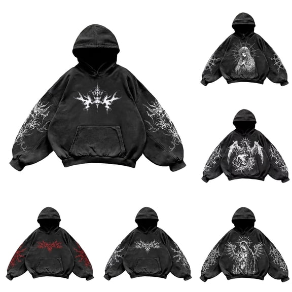 Y2K Hoodies for Men Vintage Graphic Pullover Long Sleeve Hooded Sweatshirt Streetwear Loose Black M