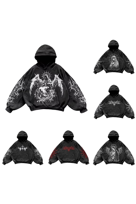 Y2K Hoodies for Men Vintage Graphic Pullover Long Sleeve Hooded Sweatshirt Streetwear Loose Black S