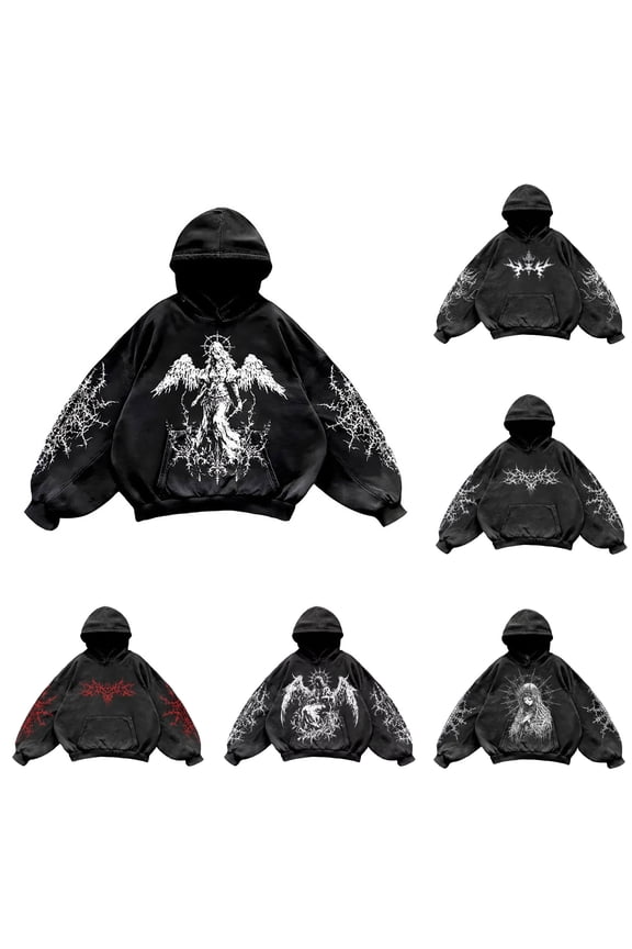Y2K Hoodies for Men Vintage Graphic Pullover Long Sleeve Hooded Sweatshirt Streetwear Loose Black XL