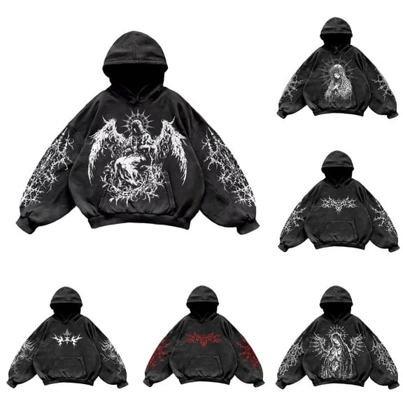 Y2K Hoodies for Men Vintage Graphic Pullover Long Sleeve Hooded Sweatshirt Streetwear Loose Black XXL