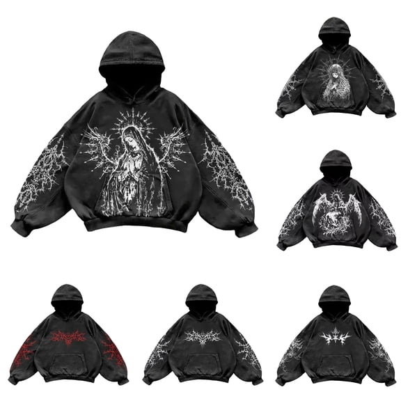 Y2K Hoodies for Men Vintage Graphic Pullover Long Sleeve Hooded Sweatshirt Streetwear Loose Black XXL