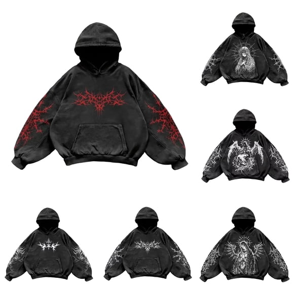 Y2K Hoodies for Men Vintage Graphic Pullover Long Sleeve Hooded Sweatshirt Streetwear Loose Red XXL