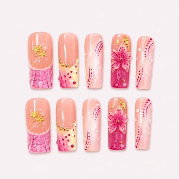 Square Nail Pattern Y2K Hot Pink Hibiscus Shell Acrylic Square False Nails with Glue, 10 ...