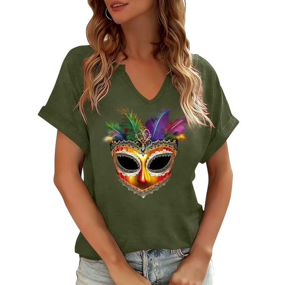 Y2K Inspired Festival T-Shirt for Women – Carnival Themed V-Neck Casual Top with Vibrant Holiday Graphics, Short Sleeve Relaxed Fit Tee for Summer Party Outfits and Fun Wear