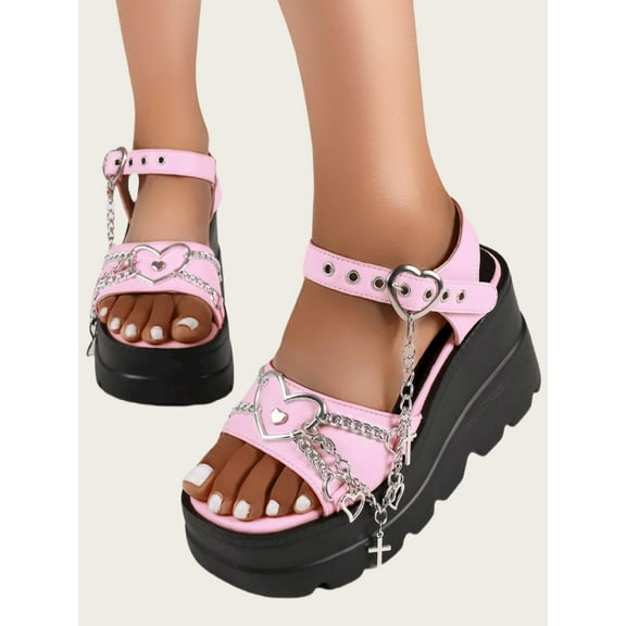 Y2K-Inspired Slope-Heeled Thick Sole Punk Fashion Sandals for Women with Gothic Cross Chain Detail