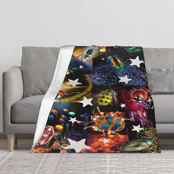 Y2K Iridescent Beetle Ladybug Collage Flannel Fleece Throw Blanket, Rainbow Bug White Star Neon Light Trippy Glitch Print Soft Cozy Lightweight Blanket for Sofa Couch Bed