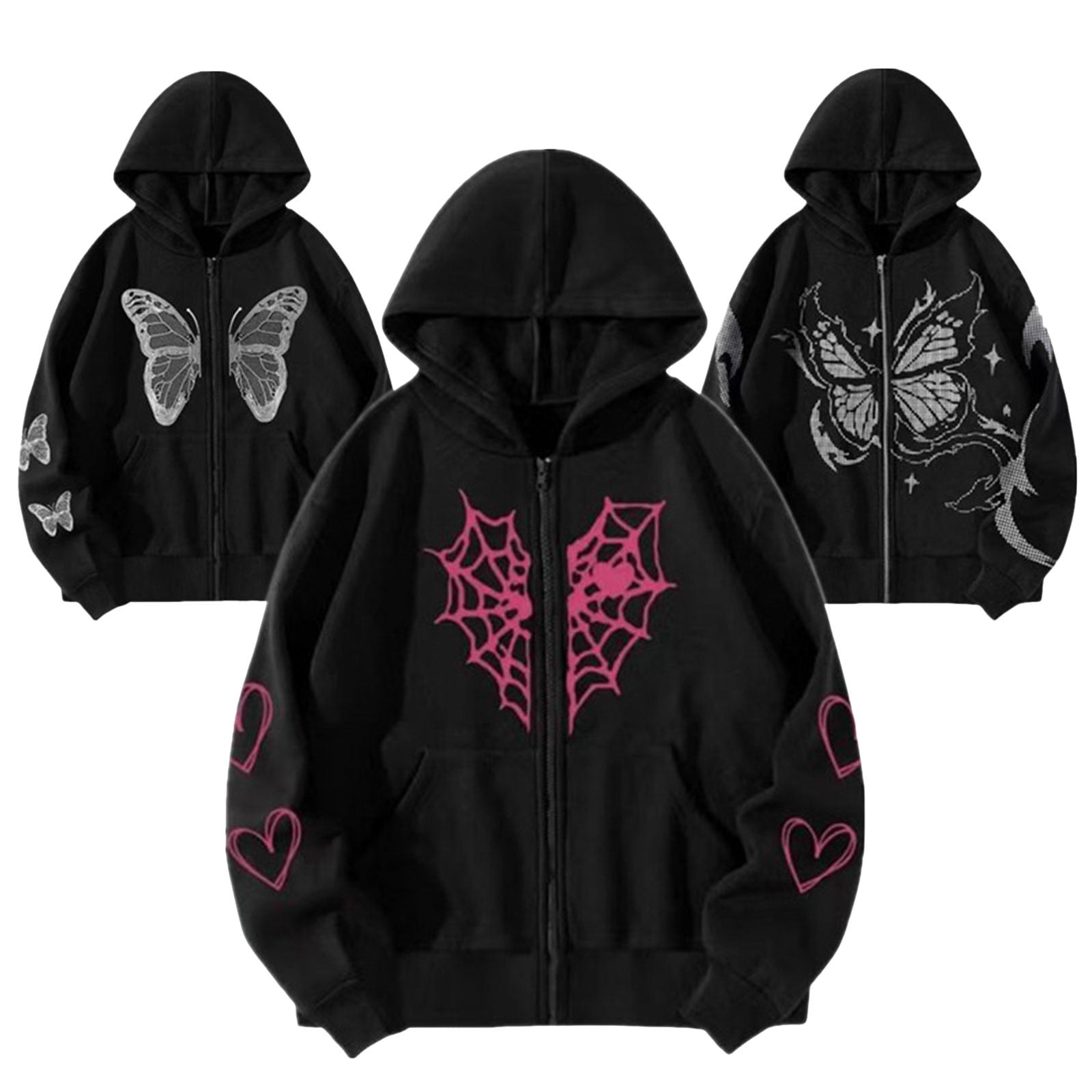 Harajuku Streetwear Y2K Gothic Spider Web Hoodie - Oversized Zip