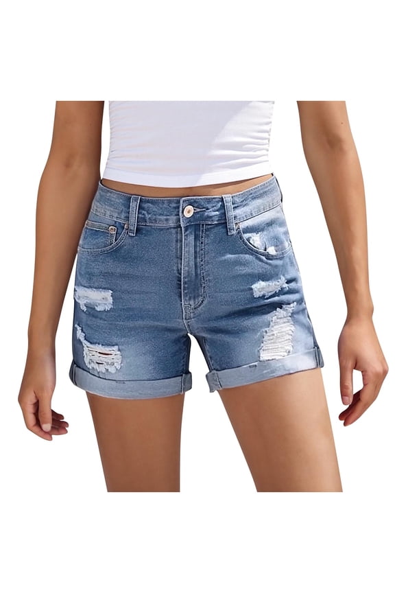 Jeans for Teen Girls Summer Mini Denim Shorts Fashion Folded Hem Ripped Hole Short Jeans High Waist Casual Pants