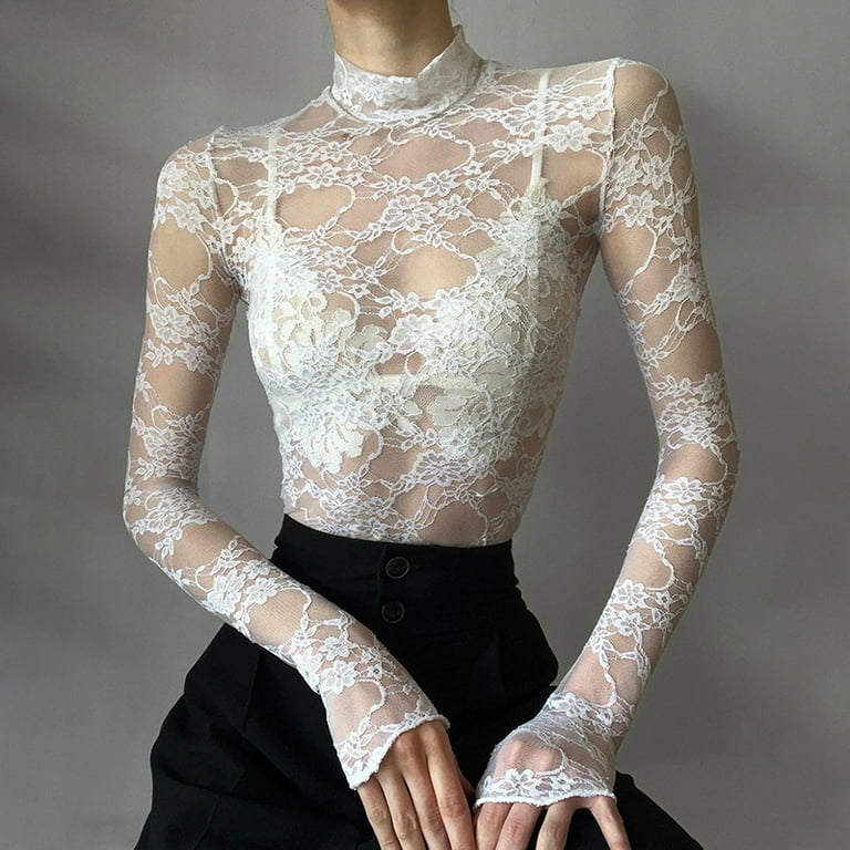 Y2K Lace T-Shirt Women White See Through Turtleneck Crop Top