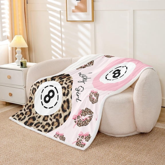 Y2K Leopard Lips Bow 8 Ball Sherpa Throw Blanket for Couch 50" x 60"