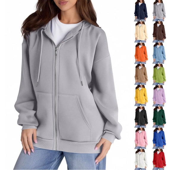 Y2K Loose Zip Hoodie Women Long Sleeve Full Zipper Sweatshirt Drawstring Casual Fall Winter Oversized Solid Jacket With Pockets
