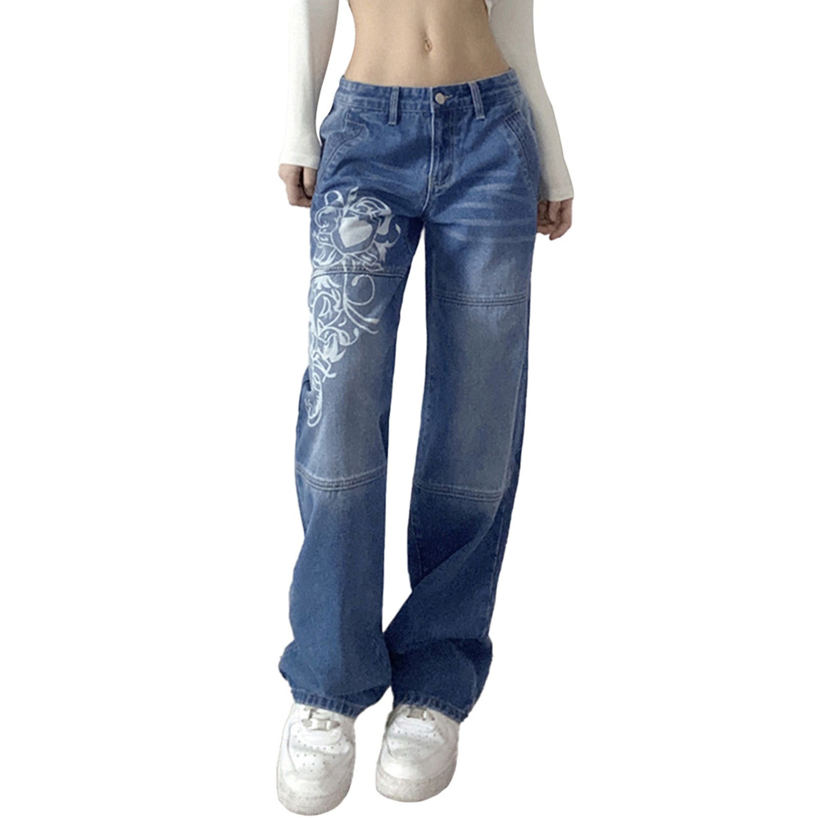 Y2K Low Rise Jeans With Graphic Printing, Wide Legs, Straight Legs