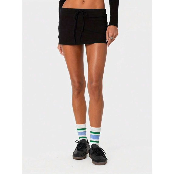 Y2K Low Rise Skorts, Solid Drawstring Elastic Waist Side Slit Micro Skirt With Built-In Shorts, Stretchy Bodycon Skorts For Summer Streetwear Club Preppy Aesthetic Outfits