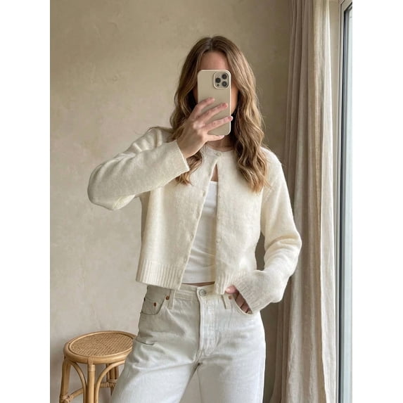 Sylvia Women's Spring/Autumn/Winter Minimalist Long Sleeve Crew Neck Short Slim Fit Solid Color Knit Cardigan Sweater Jacket For Daily Commute White