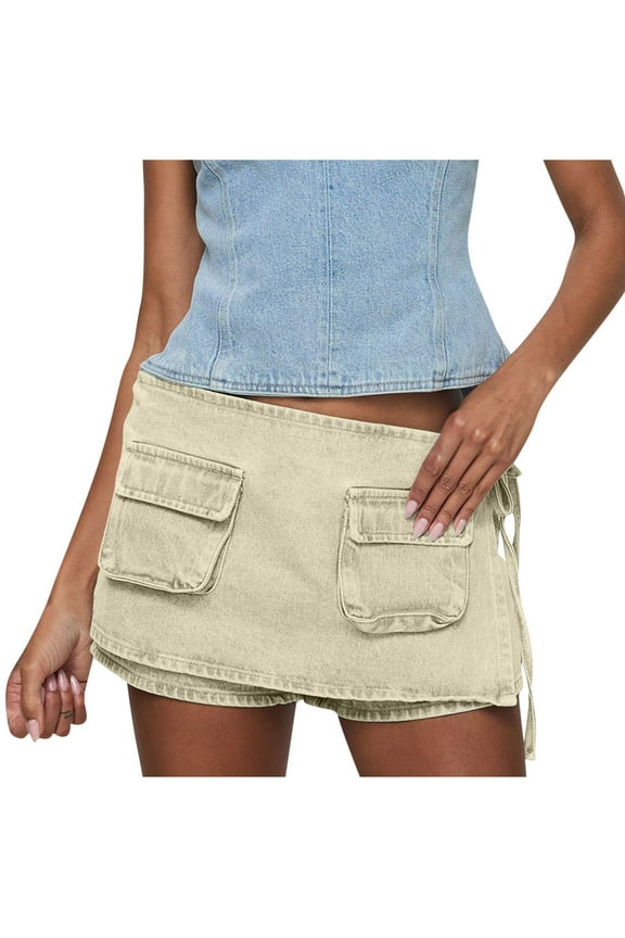 Y2K Low Waist Denim Skirt Shorts for Women Cargo Pocketed Wrap Skort Asymmetrical Hem Bodycon Pencil Jean Summer Streetwear