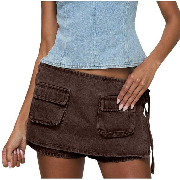 Y2K Low Waist Denim Skirt Shorts for Women Cargo Pocketed Wrap Skort Asymmetrical Hem Bodycon Pencil Jean Summer Streetwear
