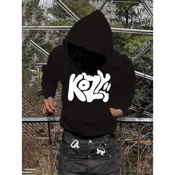 Y2K Men's Autumn/Winter Edition - KOZZ Pattern Printed Casual Hoodie, Velvet Hoodie For Warmth And Comfort, Street Hip Hop Style, Machine Washable, Local Warehouse, Suitable For Back To School, Trave