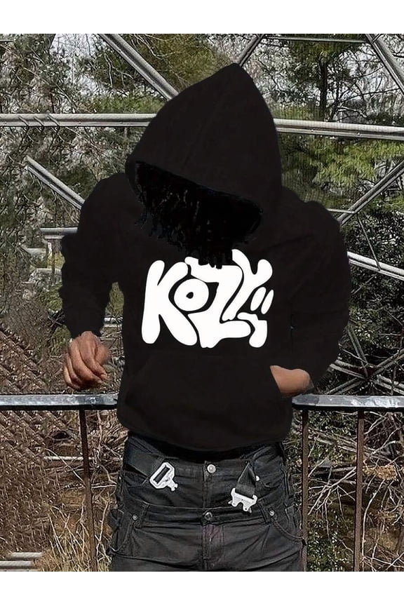 Y2K Men's Autumn/Winter Edition - KOZZ Pattern Printed Casual Hoodie, Velvet Hoodie For Warmth And Comfort, Street Hip Hop Style, Machine Washable, Local Warehouse, Suitable For Back To School, Trave