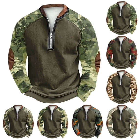 Y2K Men's Fall Winter Polo Zip Up Sweatshirt, Printed Camouflage Pullover for Retro Style, Daily Wear and Youth Fashion,Khaki,5XL