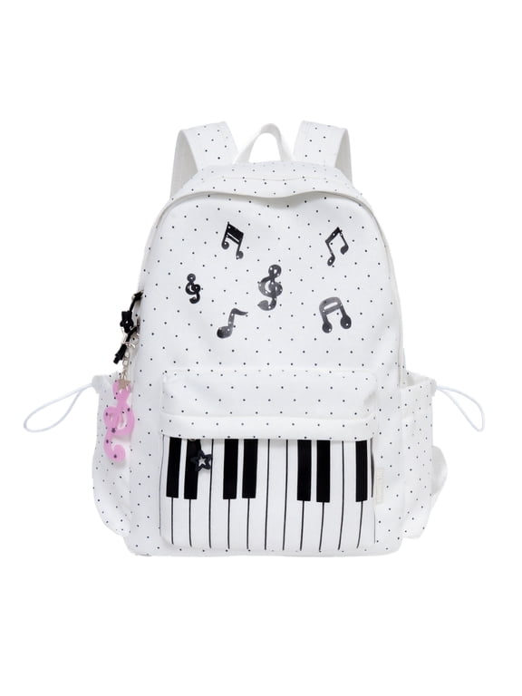 Y2K Music Note Print Piano Backpack, Spacious Back To School Bag, Multi‑Compartment & Polka‑Dot Details For Study & Short Journeys (White)