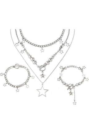 Y2K Necklace Set, 2-Piece Silver Star Chunky Necklaces, Adjustable Grunge & Kawaii Jewelry for Teens, Gift Ready