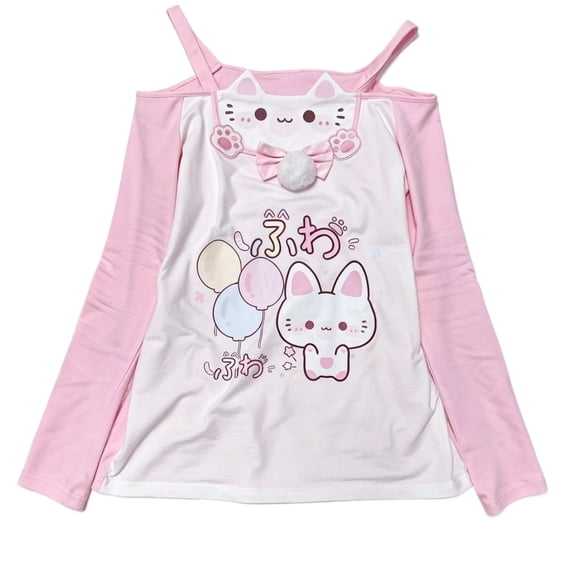 Y2K Off Shoulder Shirt Cute Cartoon Print Long Sleeve Sweatshirt Fall Casual Kawaii Cutecore Pullover Tops