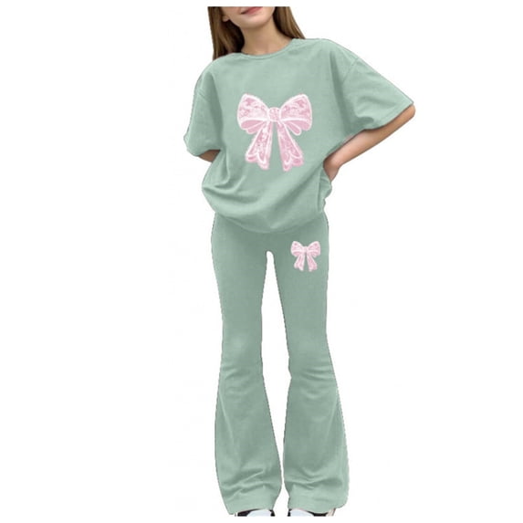 Y2K Outfits for Kids Tween Girls 2PCS Outfit Set Crop Top & Flare Pants with Bowknot and Heart Print Casual Girl Clothes