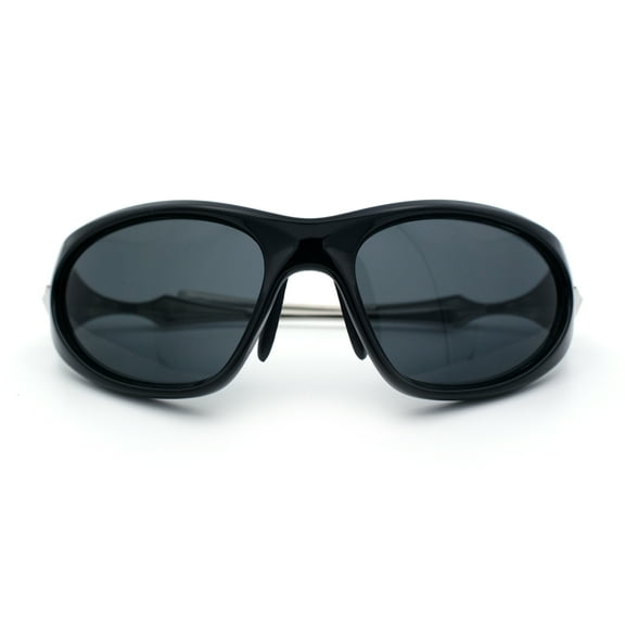 Y2K Oval Wrap Around Plastic Fancy Metal Arm Sunglasses All Black