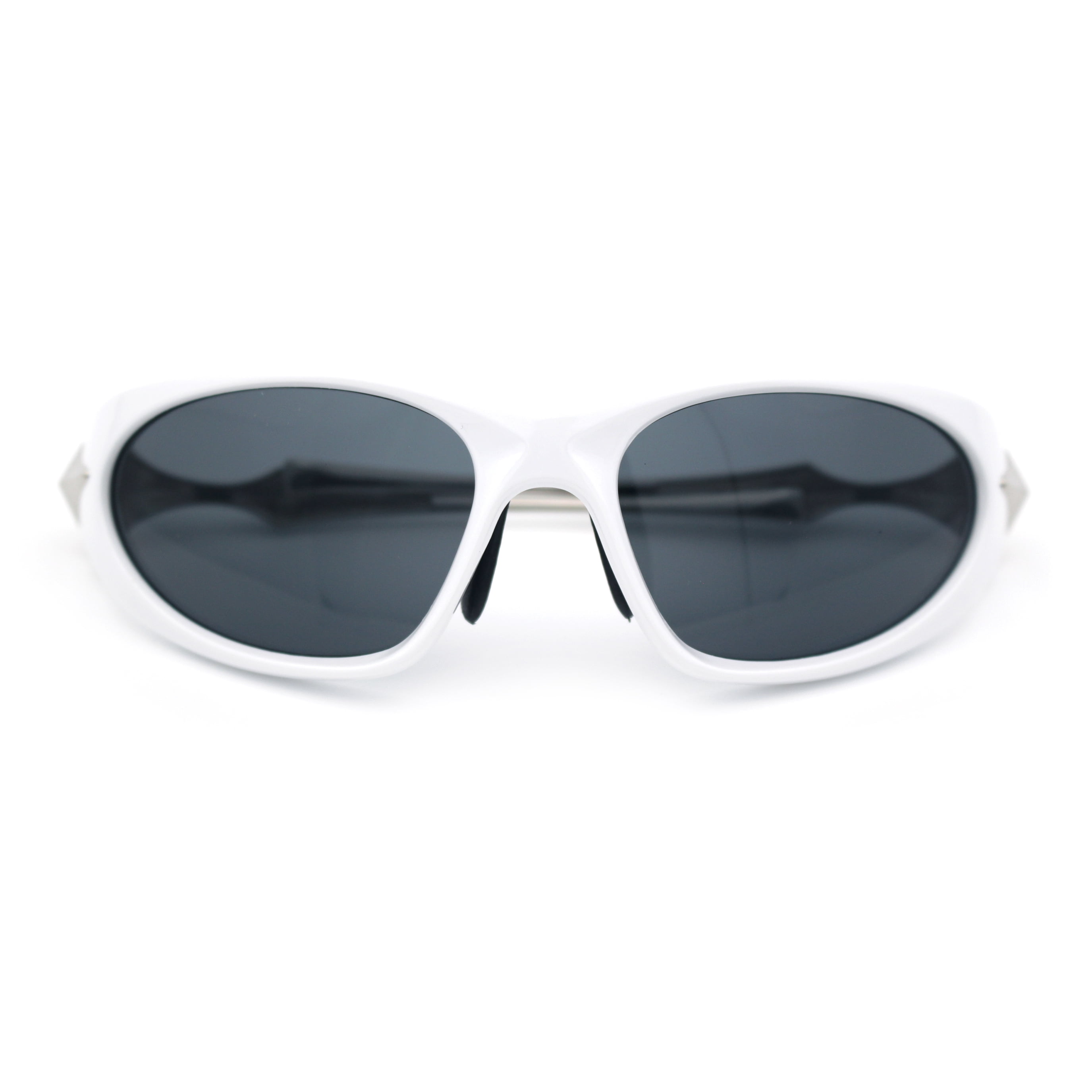 Y2K Oval Wrap Around Plastic Fancy Metal Arm Sunglasses White