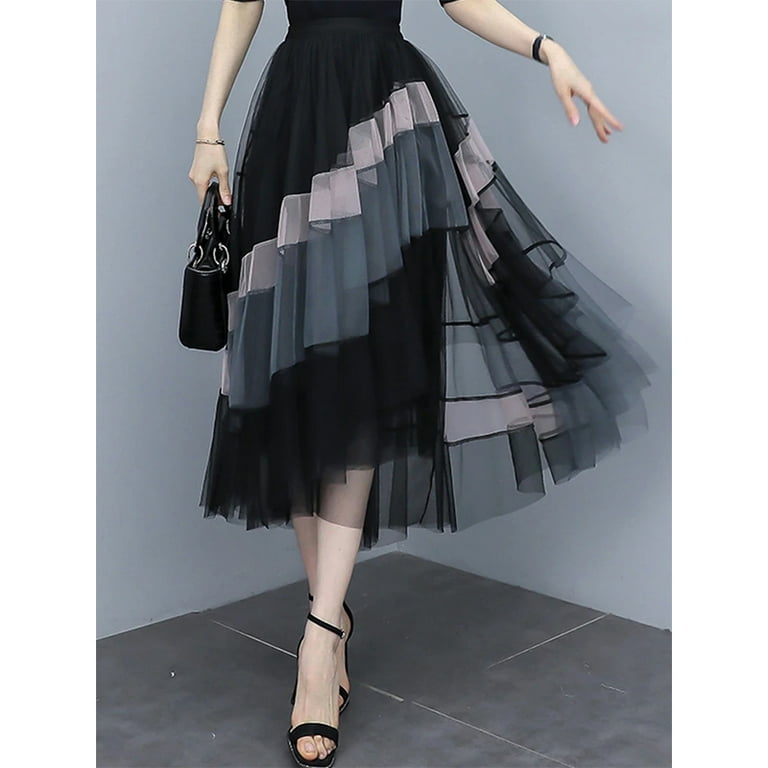 Midi Skirt Tulle Asymmetrical Skirts Women's Pleated Skirt, Tulle
