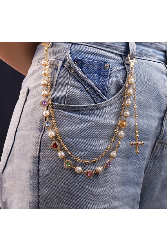 Y2K Pearl Heart Rhinestone Pants Chain with Cross Pendant, Colorful Gem Waist Chain for Women, Double Layer Aesthetic Jeans Chain