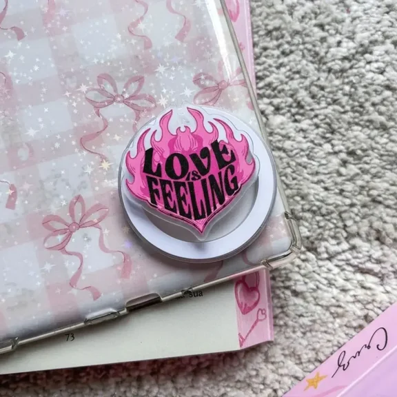 Y2K Pink Flame Heart Phone Grip, Love Is Feeling Phone Holder, Aesthetic Cyber Punk, Edgy Girly E-Reader Grip Accessory