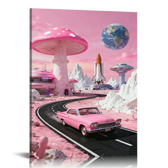 Y2K Pink Futuristic Retro Space Mushroom City Scene Printed Canvas Wall Art (Hidden Wooden Frame) - Decor for Kids’ Room, Bedroom & Living Room Trendy Play Area