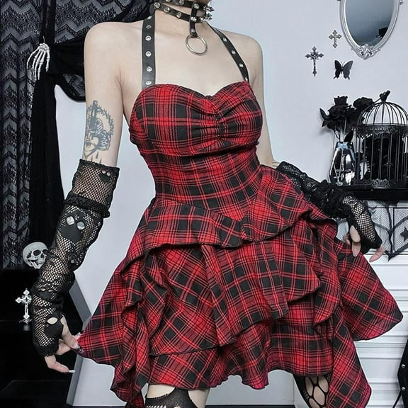 Y2K Plaid Backless Halter Bodycon Party Dresses Gothic Lace Sleeveless Slim Women Grunge Punk Dresses