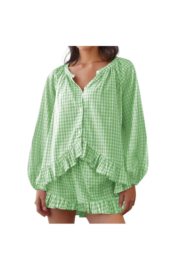 Y2K Plaid Pajama Set – Ruffle Babydoll Shirt & Shorts (2025 Cute & Trendy Summer Loungewear)