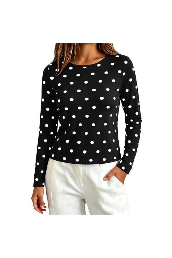 Y2K Polka Dot Crop Top for Women, Trendy Vintage Slim Fit Crew Neck Long Sleeve Shirt Soft Cute Lightweight Streetwear Going Out Blouse Summer Fall Daily Beach Travel Outfits, Black M
