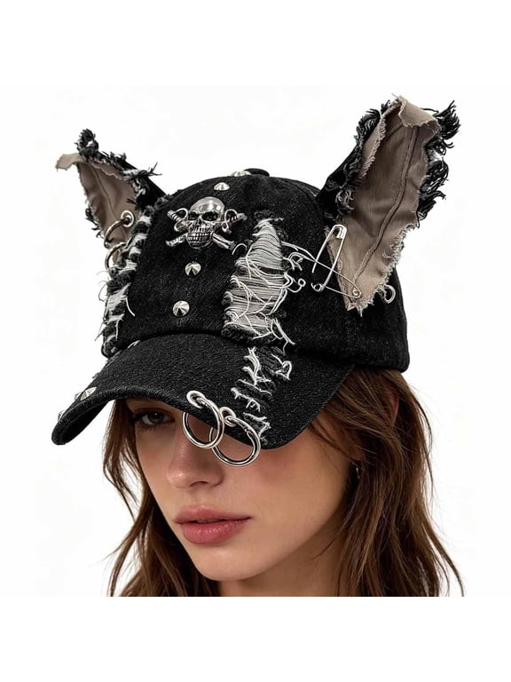 Y2K Punk Cat Ear Baseball Cap Iron Ring Trucker Hat For Women Men Bunny Ear Hat Distressed Denim Cap Grunge Aesthetic Hat