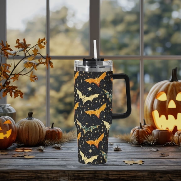 Y2K Retro Bats 40oz Stainless Steel Tumbler With Handle Lid and Straw, Spooky Bat Halloween Drink Cup, Travel Tumbler, Fun Tumbler Gift