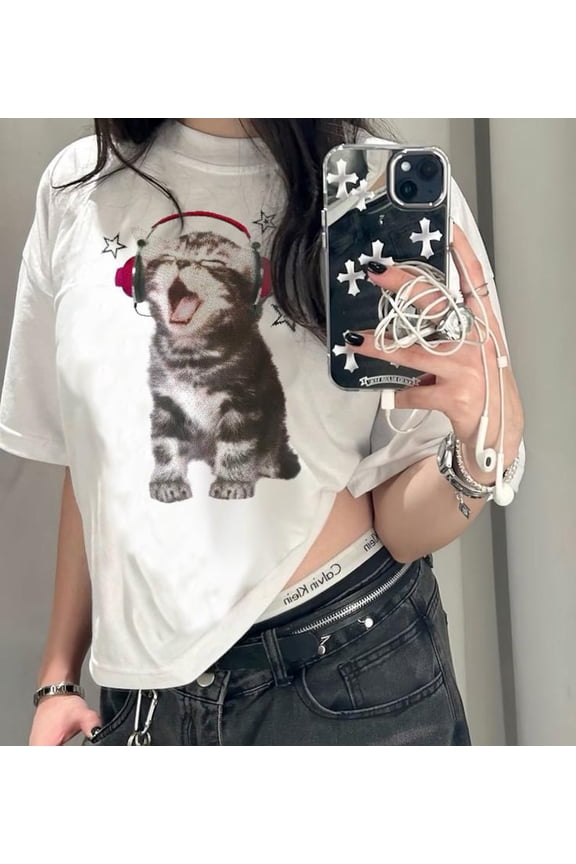 Y2K Retro Cat Graphic Silly Shirt, Rockstar Grunge Aesthetic Kitten Illustration Tee, Unisex Cotton T-Shirt, Size S-5XL