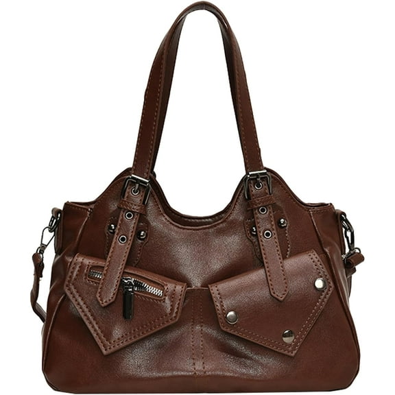 Y2K Retro PU Leather Shoulder Bag Women Large Tote Crossbody Handbag Rivet Buckle Decor Adjustable Strap