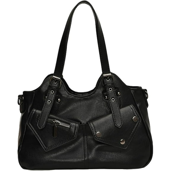 Y2K Retro PU Leather Shoulder Bag Women Large Tote Crossbody Handbag Rivet Buckle Decor Adjustable Strap