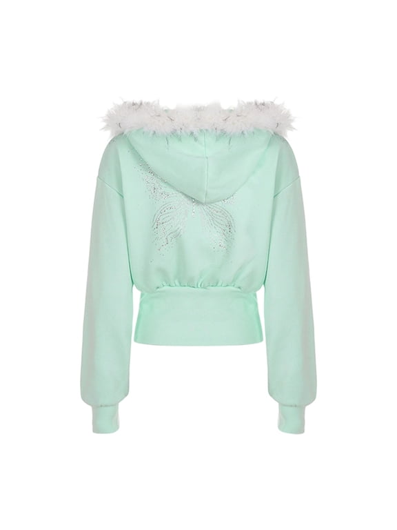 Y2K Rhinestone Butterfly Hoodie Aesthetic Jacket Zip Up Sweatshirt Cute 2000s Clothes (Mint Green L)