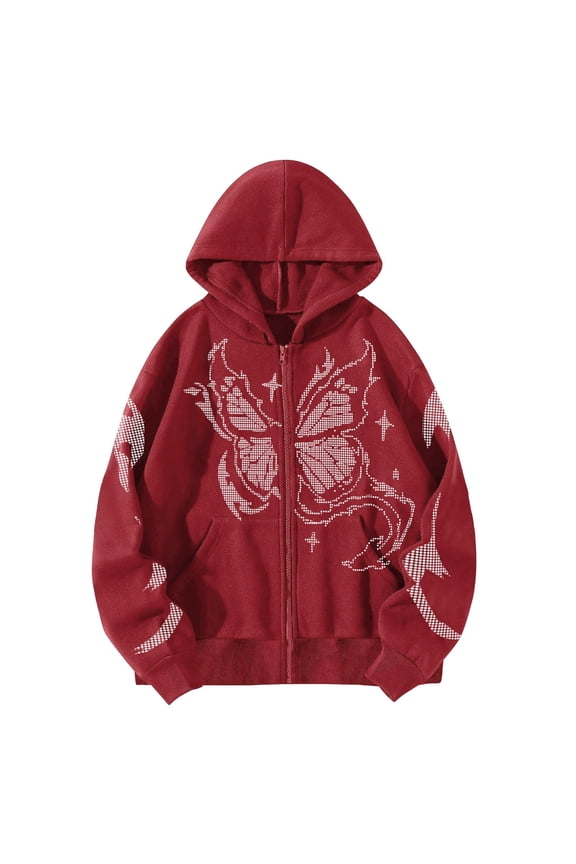 Y2K Rhinestone Butterfly Zip Up Hoodie Oversized Couples Hooded Sweatshirt Sparkly Graphic Jacket Soft Fleece Streetwear Unisex Casual Outerwear